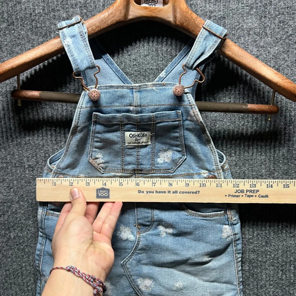 OshKosh Bgosh Denim Overall Dress Toddler‎ 3T Blue Floral Print Bib Jumper Skirt